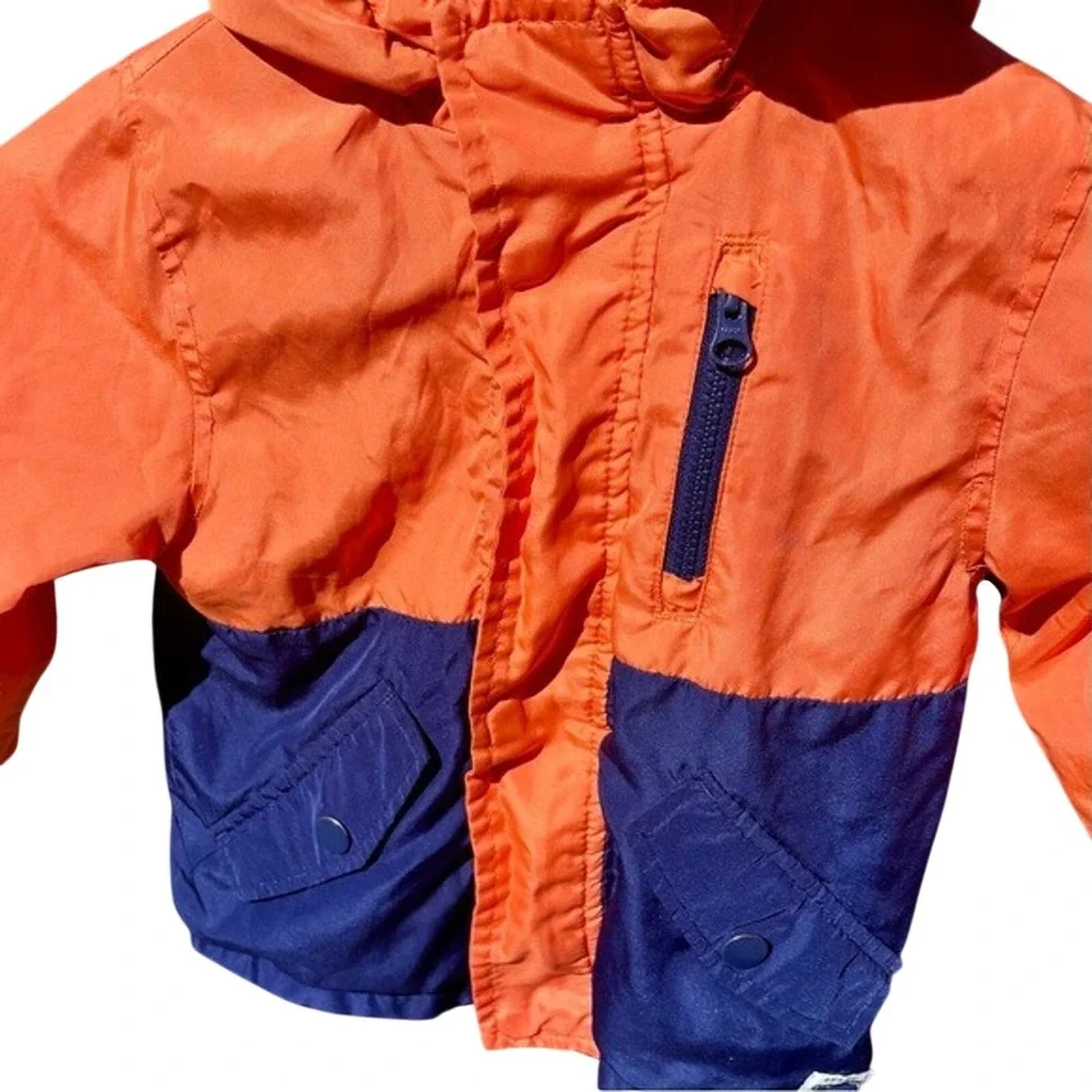 OshKosh‎ B'gosh Windbreaker Kids Size 4 Orange Navy Blue Colorblock Hood GOOD